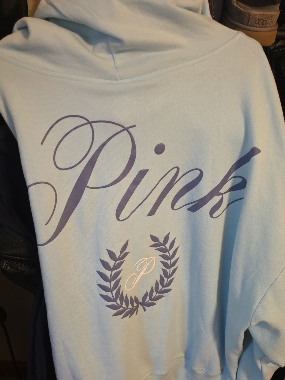 PINK Victoria's Secret Light Blue Zip Hoodie with Navy Crest - Picture 3 of 3